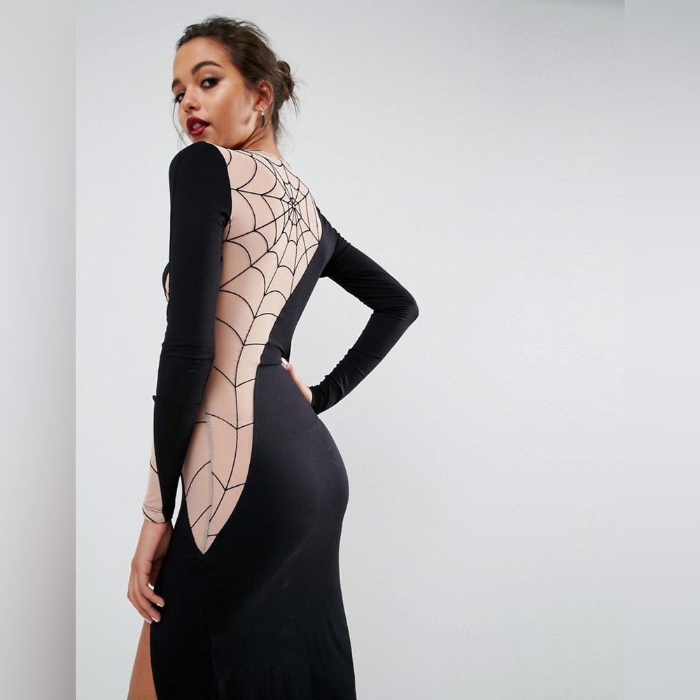 ASOS Halloween Spiderweb Flocked Glamour Black PIn-up dress Vampira Goth 6 🕸️
